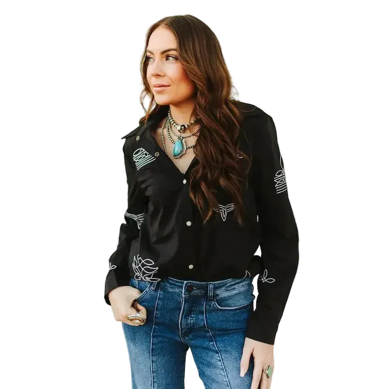 Lucky & Blessed Women's Boot Stitch Embroidered Button Down Shirt - Black