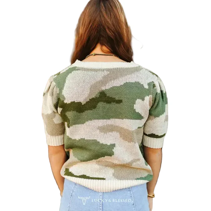 Lucky & Blessed Women's Cable Knit Puff Sleeve Sweater Top - Camo - Image 2