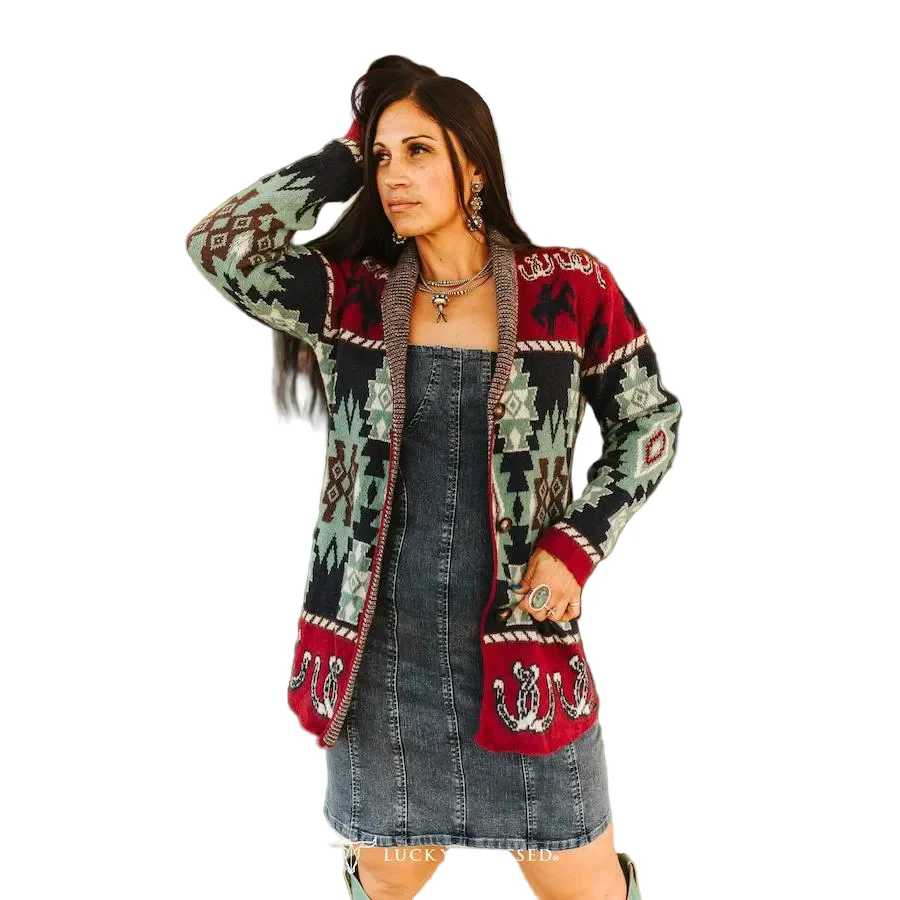 Lucky & Blessed Women's Long Sleeve Aztec Sweater - Burgundy