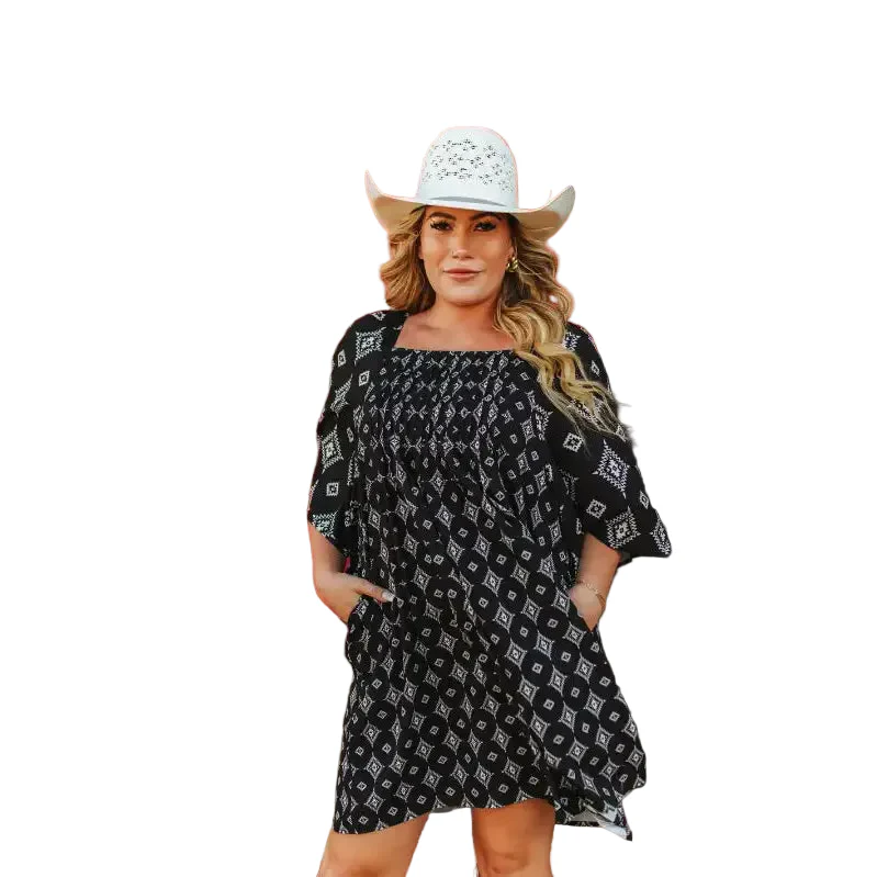 Lucky & Blessed Women's Flutter Sleeve Aztec Square Neckline Dress - Black