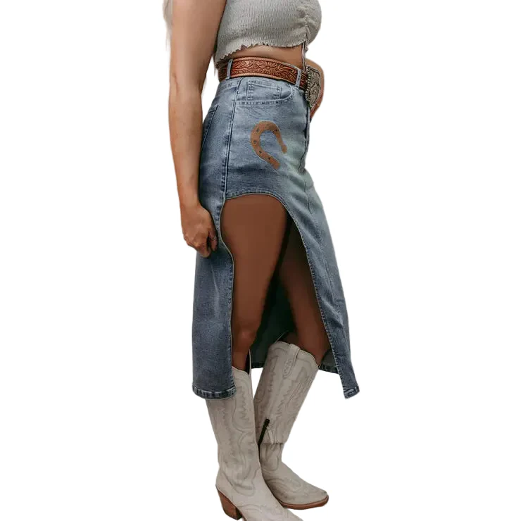 Merigold Kiss Horse Shoe Cut Out Denim Skirt - Image 2