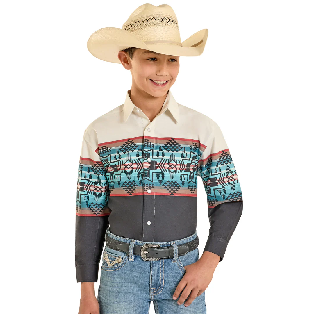 Rock & Roll Boy's Long Sleeve Snap Borders Shirt - Tan
