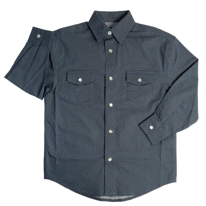 Panhandle Boy's Western Geo Print 2 Pocket Long Sleeve Snap Shirt - Blue