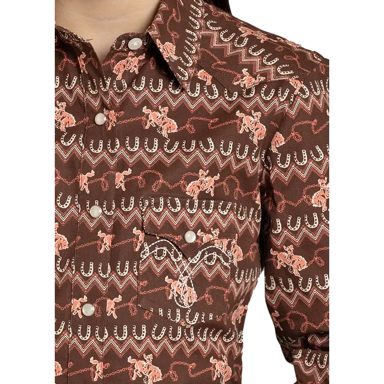 Panhandle Girl's Horseshoe Long Sleeve Snap Shirt- Brown - Image 2