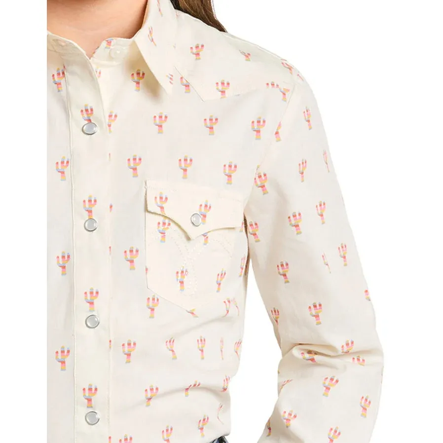 Panhandle Girl's Long Sleeve Print Snap Shirt- Cream - Image 2