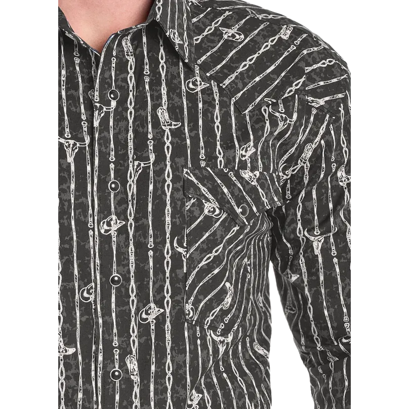 Panhandle Men's Rough Stock Barbwire Steer Long Sleeve Snap Shirt - Black - Image 2
