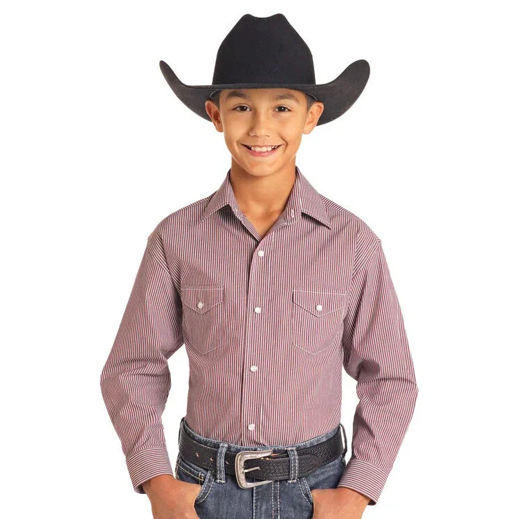 Panhandle Boy's Stripe Snap Long Sleeve Shirt - Burgundy