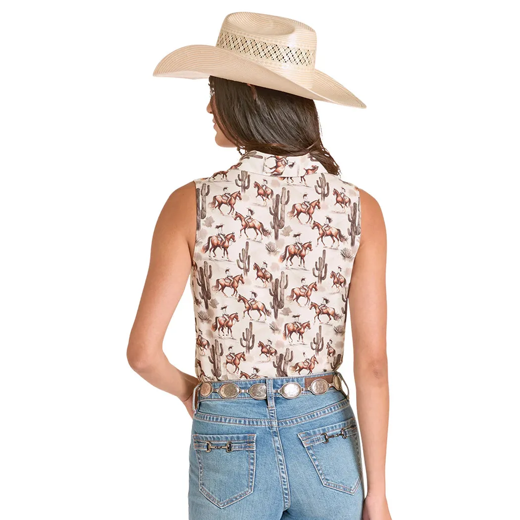 Panhandle Slim Women's Cactus Desert Print Sleeveless Shirt - Cream - Image 2