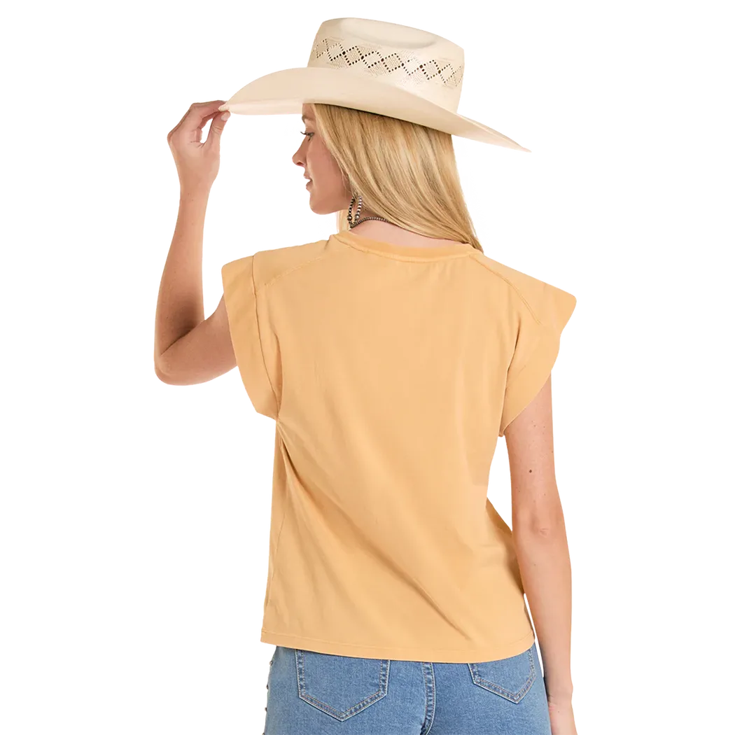 Panhandle Slim Women's Cowboy Graphic Cap Sleeve Tee Shirt - Mustard - Image 2