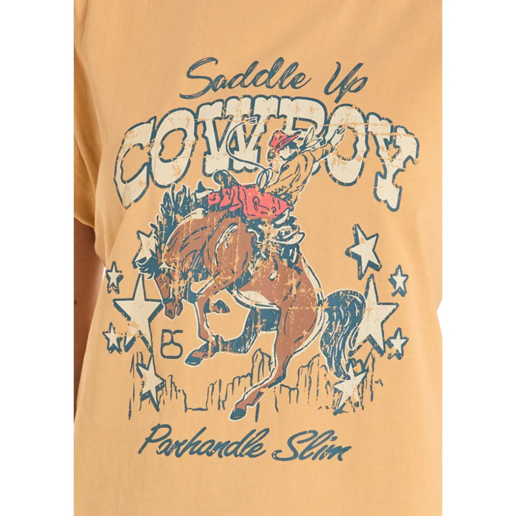 Panhandle Slim Women's Cowboy Graphic Cap Sleeve Tee Shirt - Mustard - Image 3
