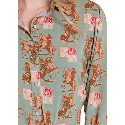 Panhandle Women's Vintage Stamp Print Long Sleeve Shirt/Blouse - Jade - Image 2