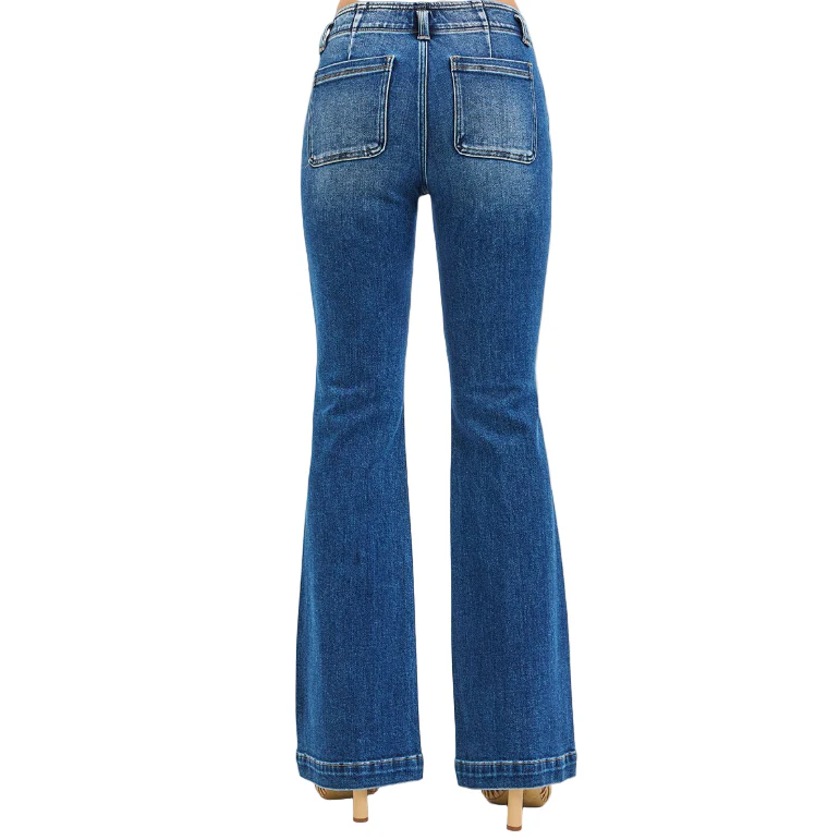 Risen Women's High Rise Double Button Flare Trouser Jeans - Dark - Image 2