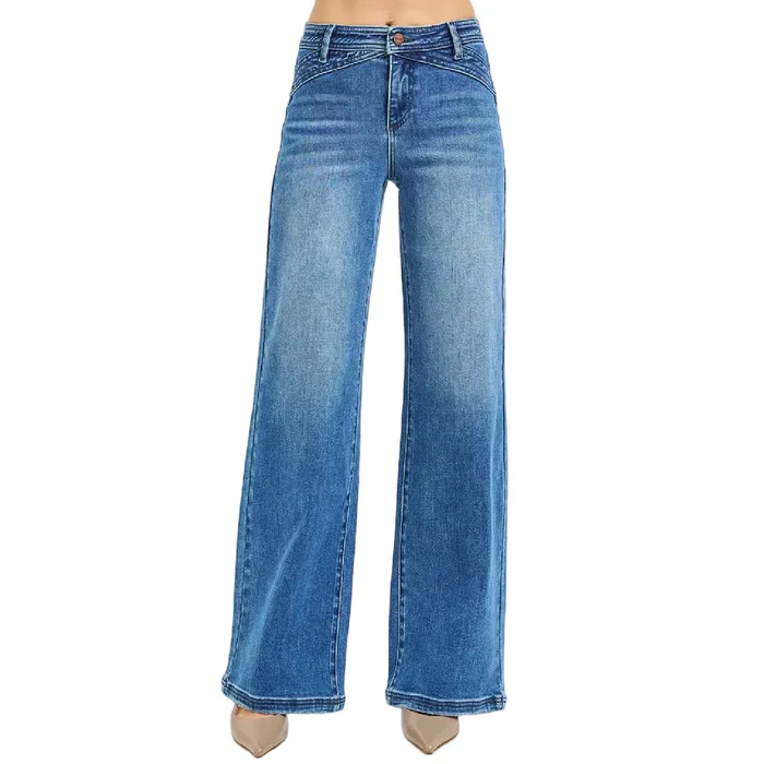 Risen Women's High Rise Wide Leg Waist Detail Jeans - Dark