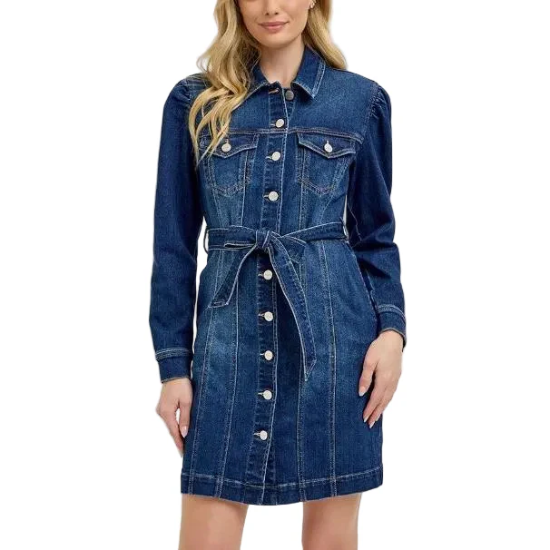 Risen Women's Long Sleeve Puffed Sleeve Denim Dress - Dark Wash