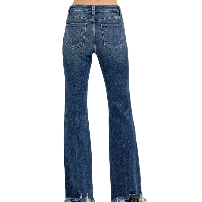 Risen Women's Mid Rise Flare Frayed Hem Jeans - Dark - Image 2