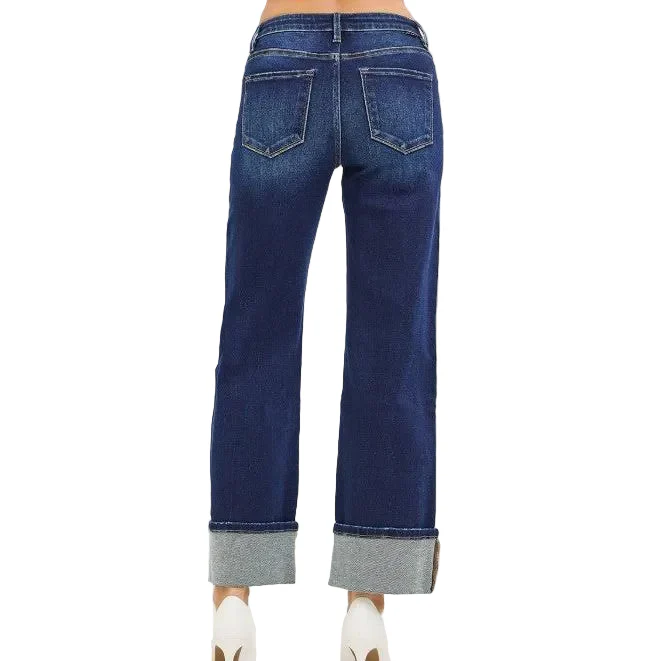 Risen Women's Mid Rise Anke Straight w/ Cuffed Hem Jeans - Deep Blue - Image 2