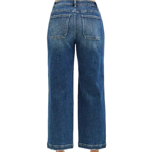 Risen Women's Slouchy Cropped Baggy w/ Front Patch Pocket Detail Jeans - Dark - Image 2