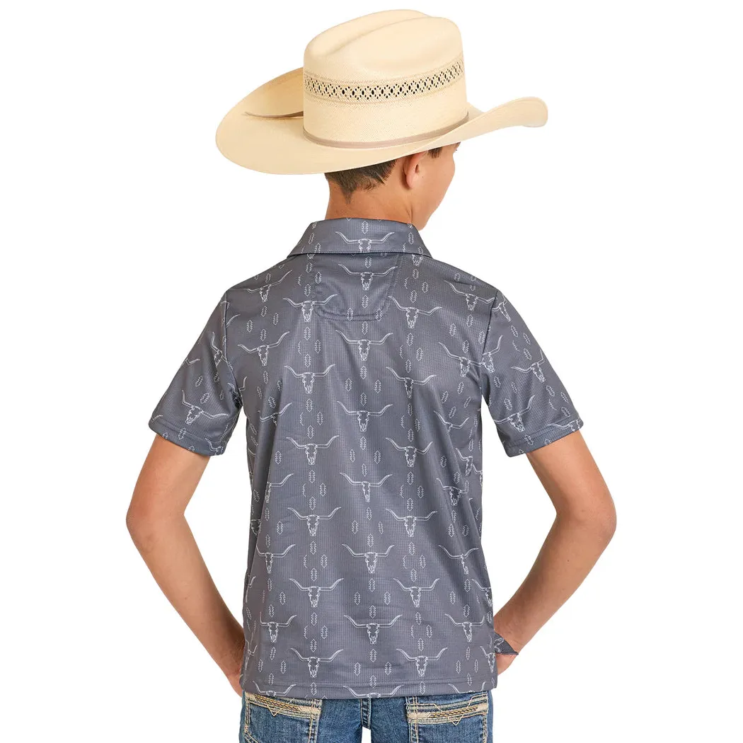 Rock & Roll Boy's  Longhorn/Steer Skull Printed Mesh Polo Short Sleeve Shirt - Charcoal - Image 2