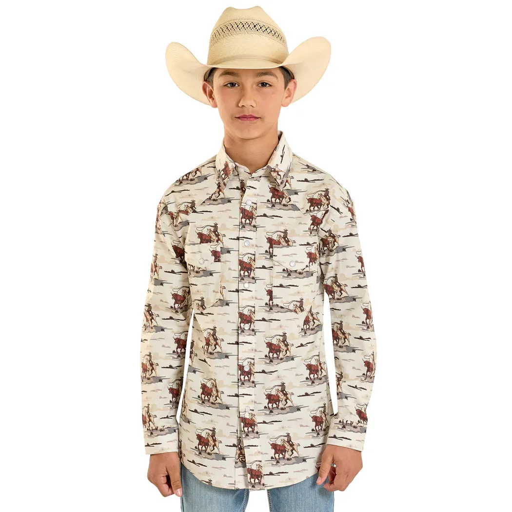 Rock & Roll Boy's Novelty Cowboy Print Long Sleeve Snap Shirt - Dark Brown