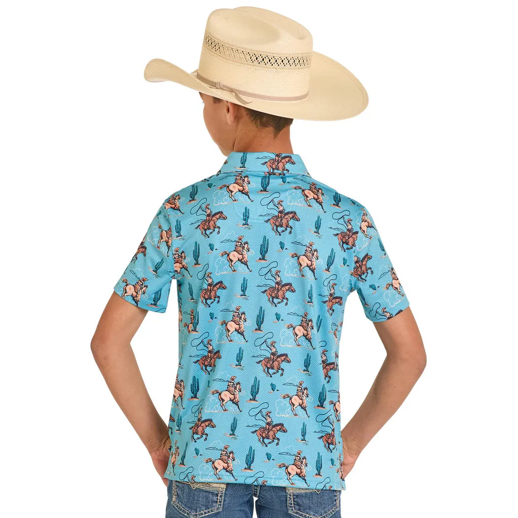 Rock & Roll Boy's Novelty Print Wild West Cowboy Short Sleeve Polo Shirt - Peacock - Image 2