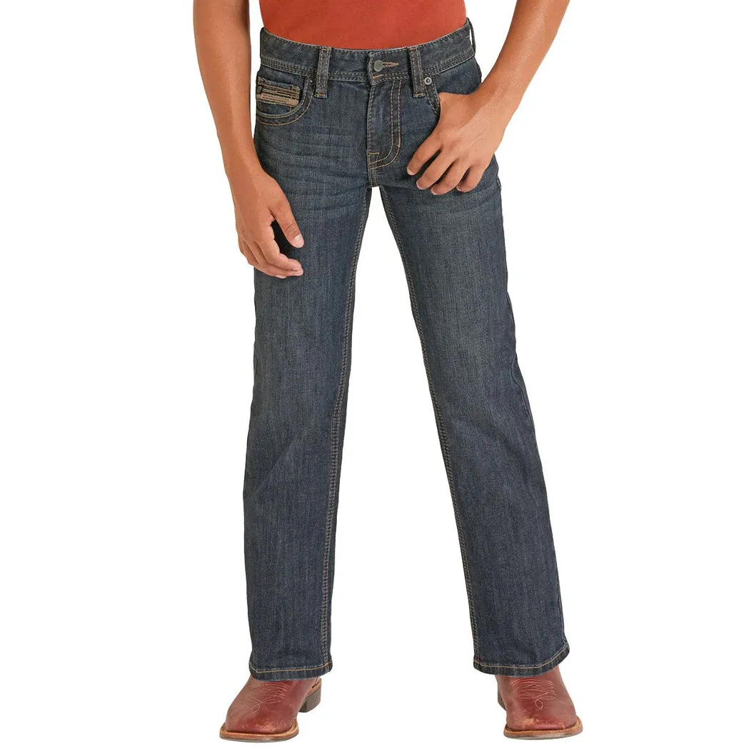 Rock & Roll Boy's Rope Stitch Embroidered Pocket Bootcut Jeans - Dark Wash