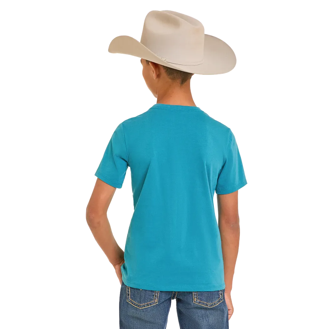 Rock & Roll Boy's Short Sleeve Bronco Rodeo Rider Graphic Tee Shirt - Turquoise - Image 2
