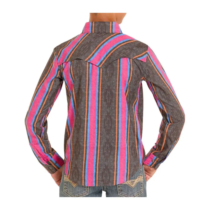 Rock & Roll Boy's Tek Ripstop Stripes Print Long Sleeve Snap Shirt - Black - Image 2