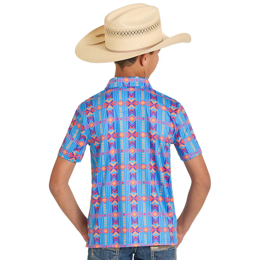 Rock & Roll Boy's Vertical Southwest Aztec Print Short Sleeve Polo Shirt - Sapphire - Image 2