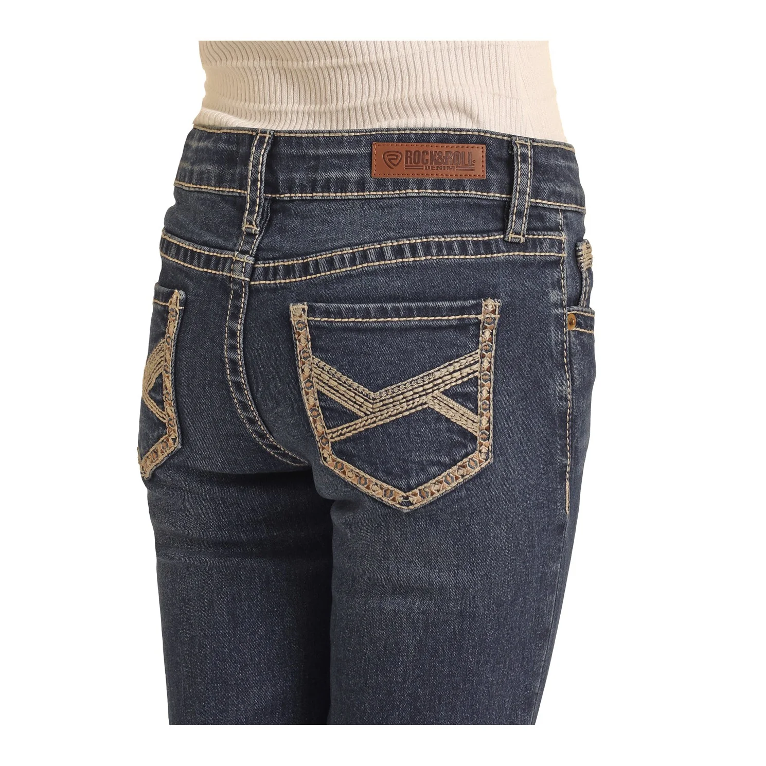 Rock & Roll Girl's Crossed Embroidered Bootcut Jeans - Dark Vintage Wash - Image 4