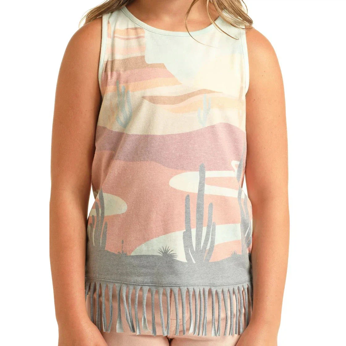 Rock & Roll Girl's Desert Scenery Tank Top w/ Fringed Hem - Teal - Image 2