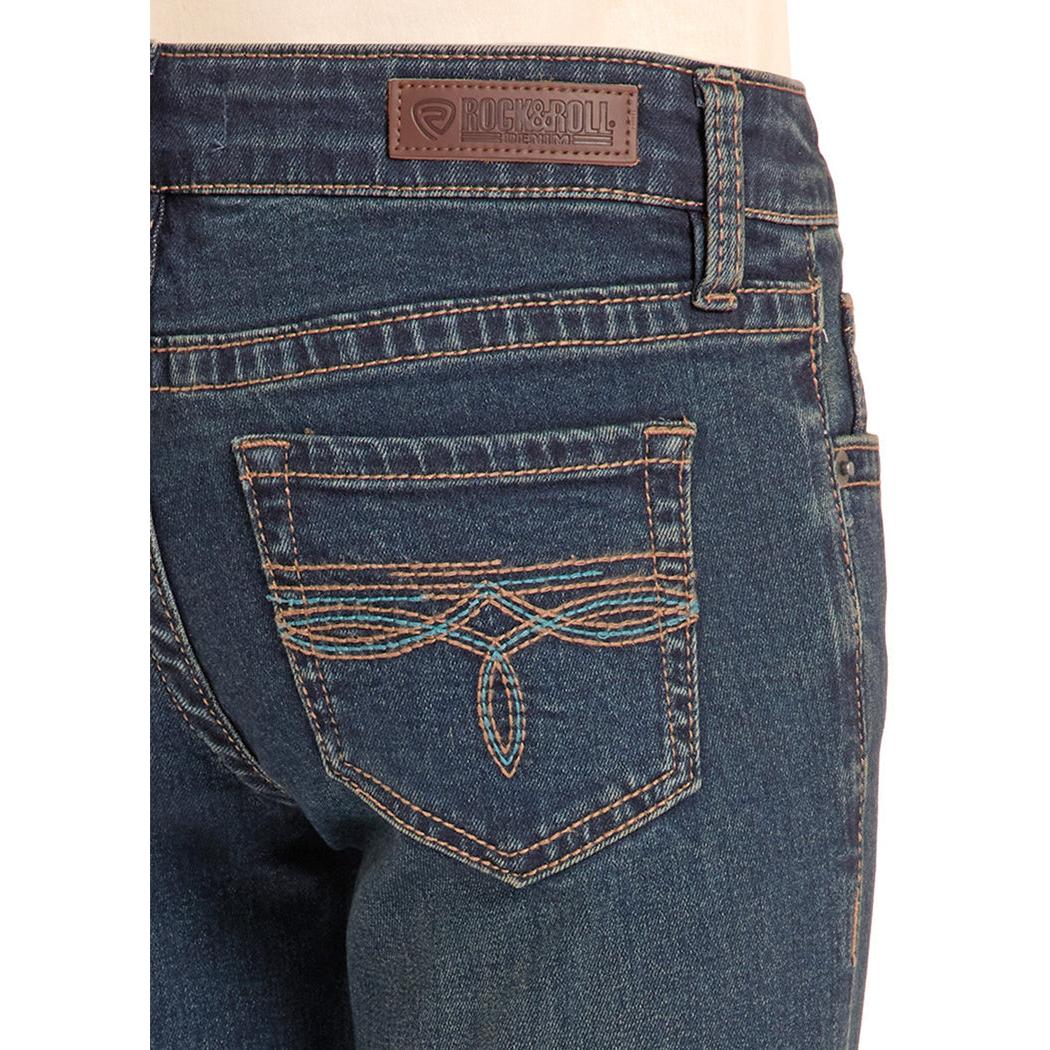 Rock & Roll Girl's Turquoise Stitch Bootcut Jeans - Dark Wash - Image 4