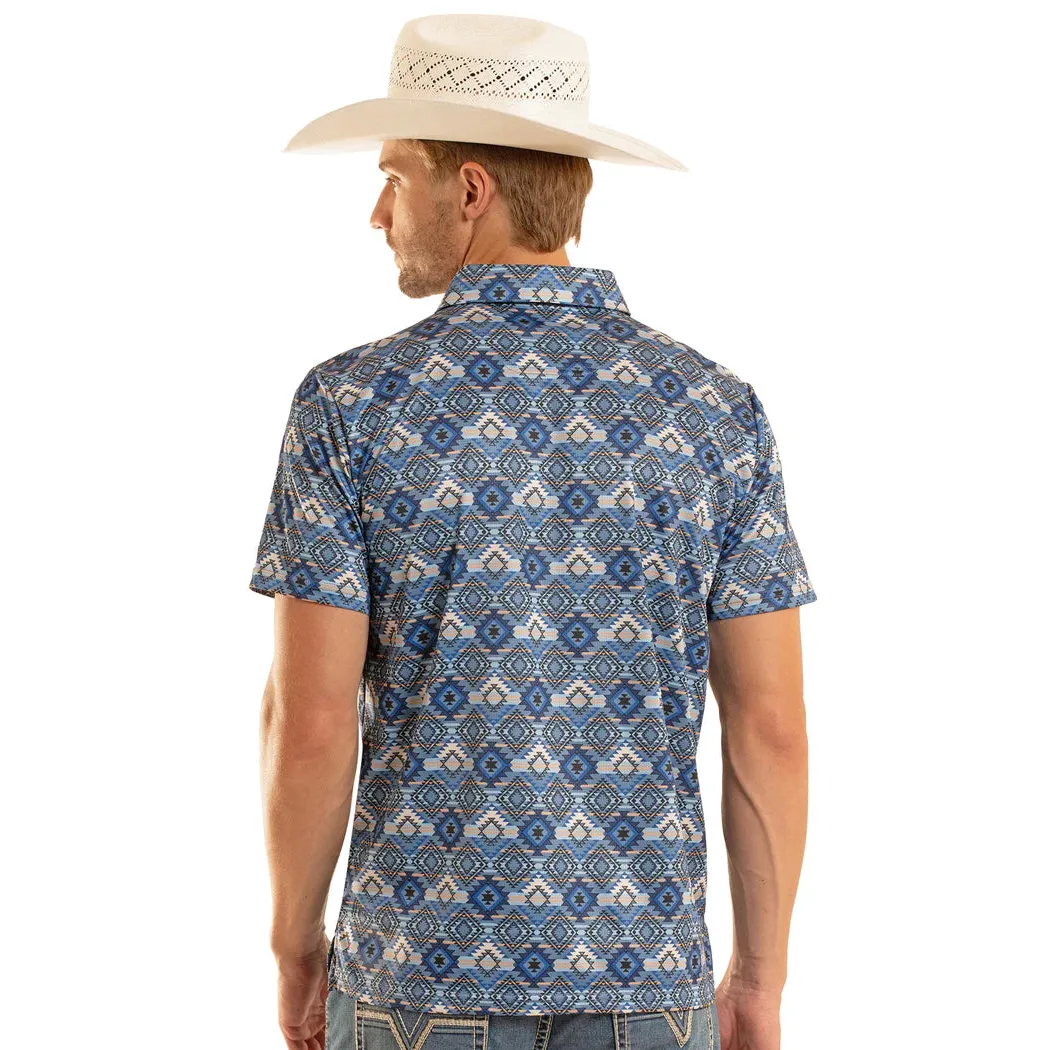 Rock & Roll Mens Aztec Printed Short Sleeve Polo Shirt - Blue - Image 2