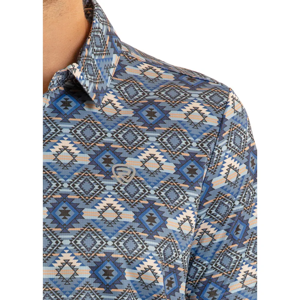 Rock & Roll Mens Aztec Printed Short Sleeve Polo Shirt - Blue - Image 3