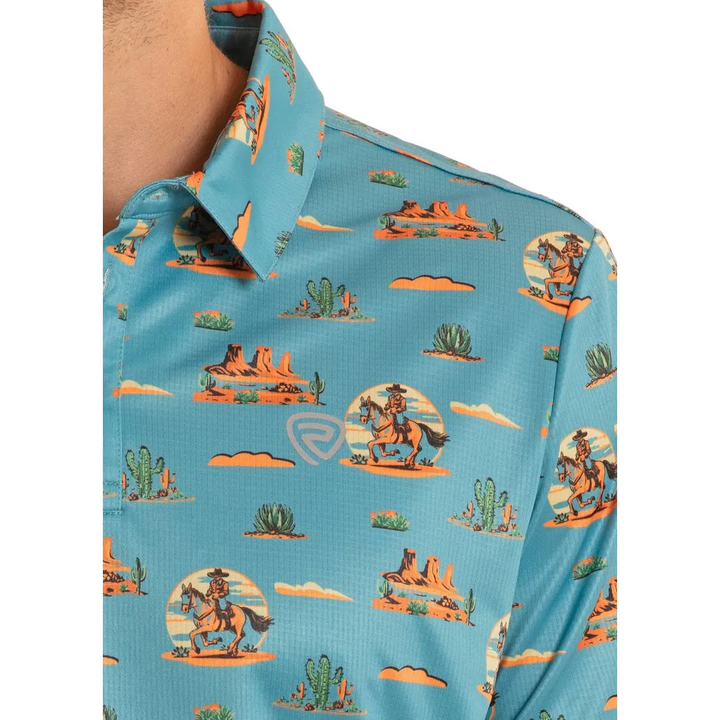 Rock & Roll Men's Dale Brisby Western Desert Print Short Sleeve Polo Shirt - Peacock - Image 3