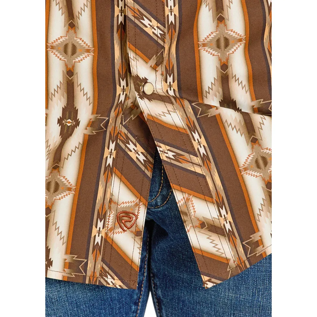 Rock & Roll Men's Dusty Heritage Aztec Printed Long Sleeve Snap Shirt - Dark Brown - Image 3