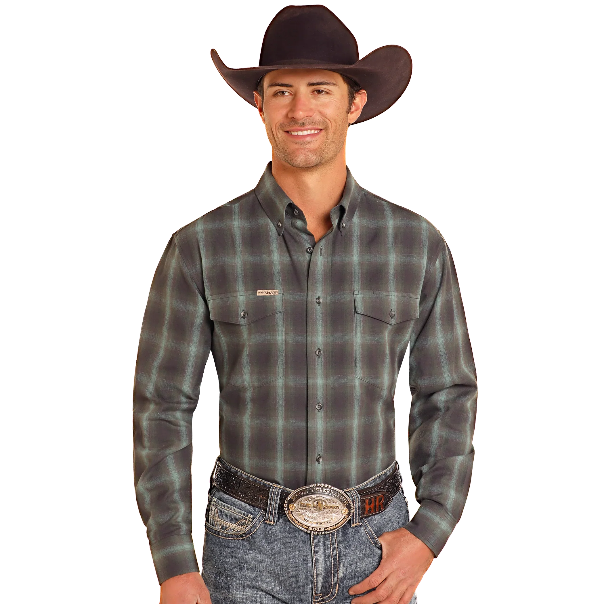 Powder River Men's Long Sleeve Brushed Plaid Shirt- Forest Green