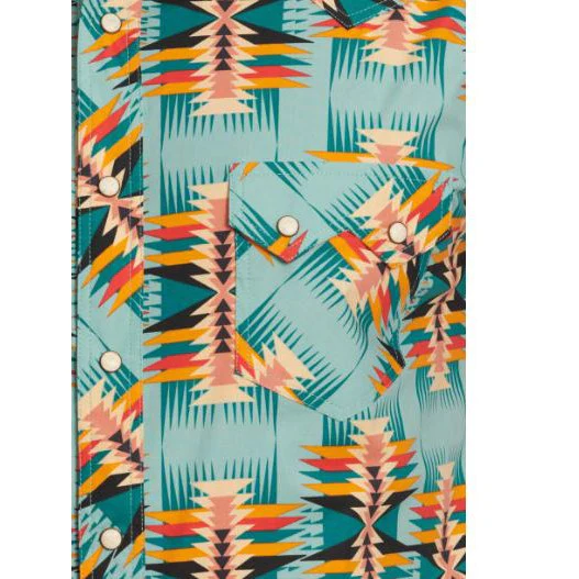 Rock & Roll Men's  Long Sleeve Dale Brisby Sea and Sunset Aztec Western Shirt-Teal - Image 3