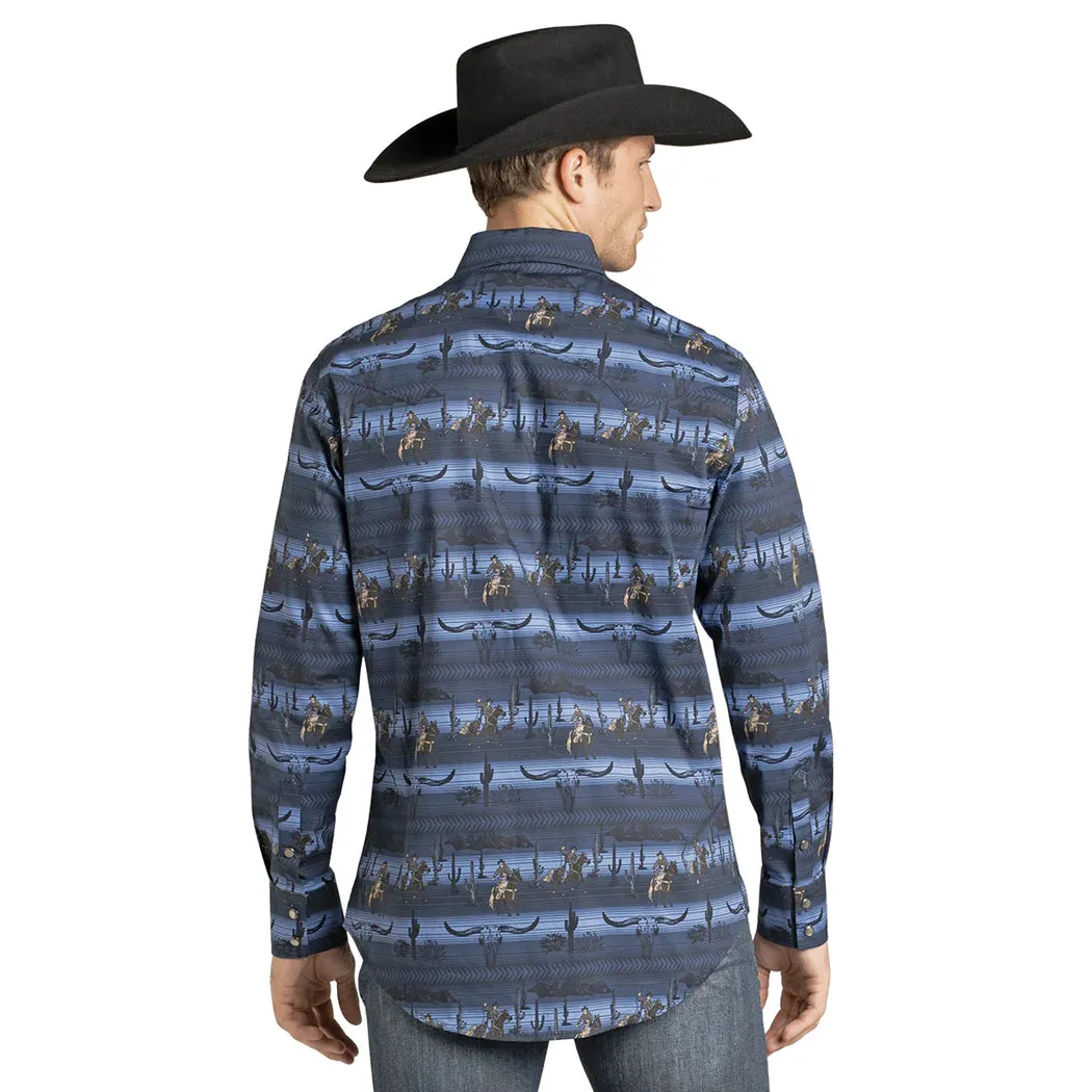 Rock & Roll Men's Longhorn Cowboy Conversation Print Slim Fit Long Sleeve Snap Shirt - Blue - Image 2