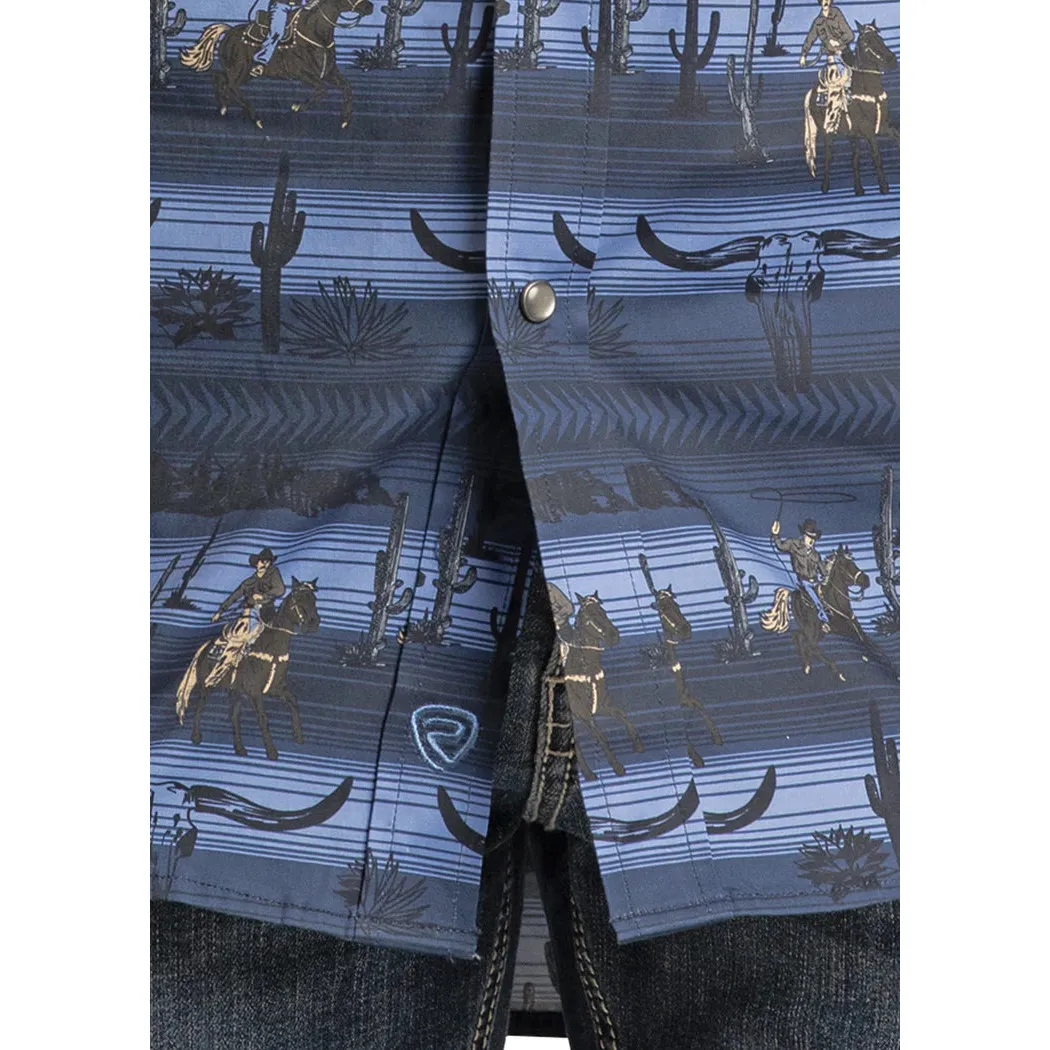 Rock & Roll Men's Longhorn Cowboy Conversation Print Slim Fit Long Sleeve Snap Shirt - Blue - Image 3