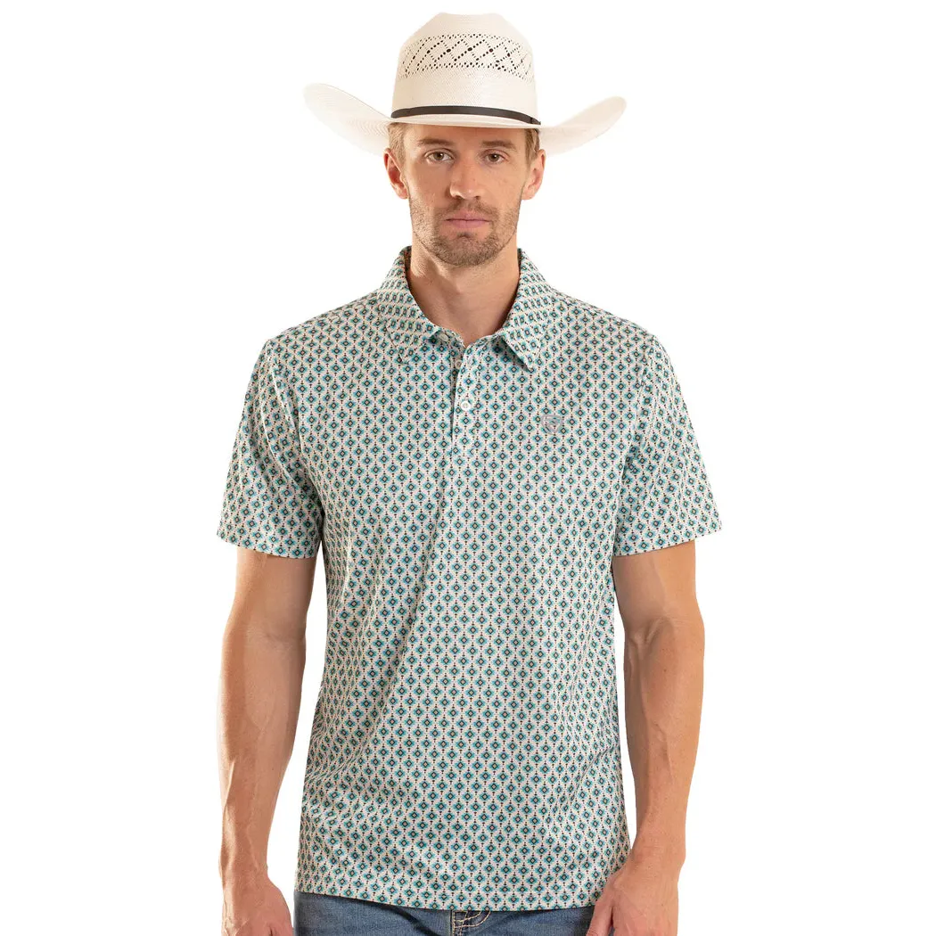 Rock & Roll Mens Mini Aztec Short Sleeve Geo Print Polo Shirt - Teal