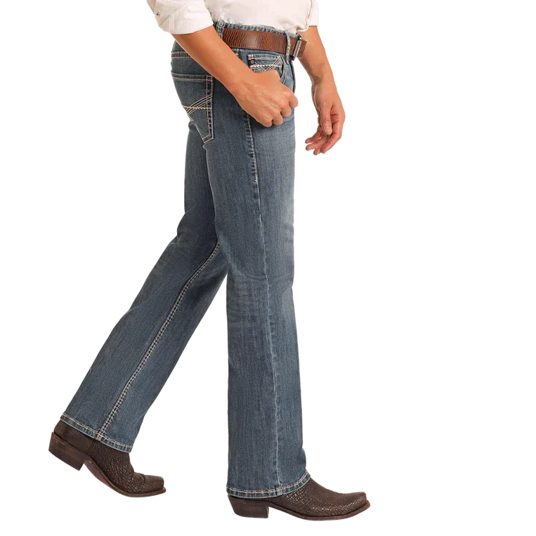 Rock & Roll Men's Regular Fit Cross Stitch Straight Let Jeans- Medium Wash - Image 3