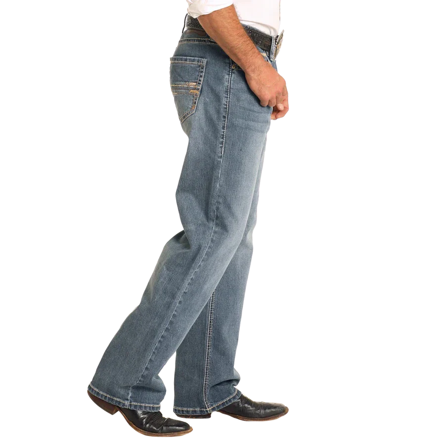 Rock & Roll Men's Relaxed Fit Straight Stitch Double Barrel Boot  Jean- Medium Wash - Image 3