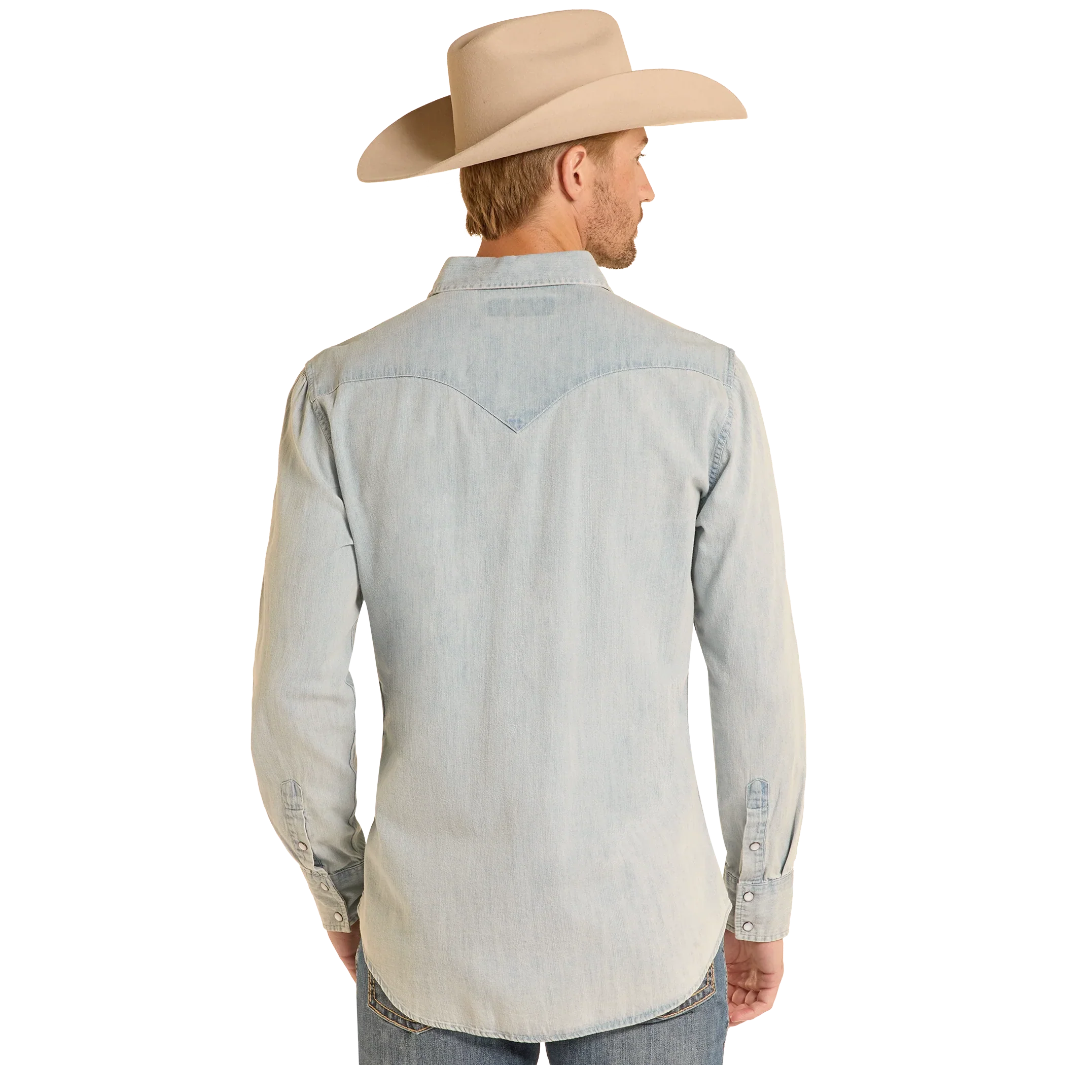 Rock & Roll Men's  Long Sleeve Light Denim Solid Snap Shirt- Denim - Image 4