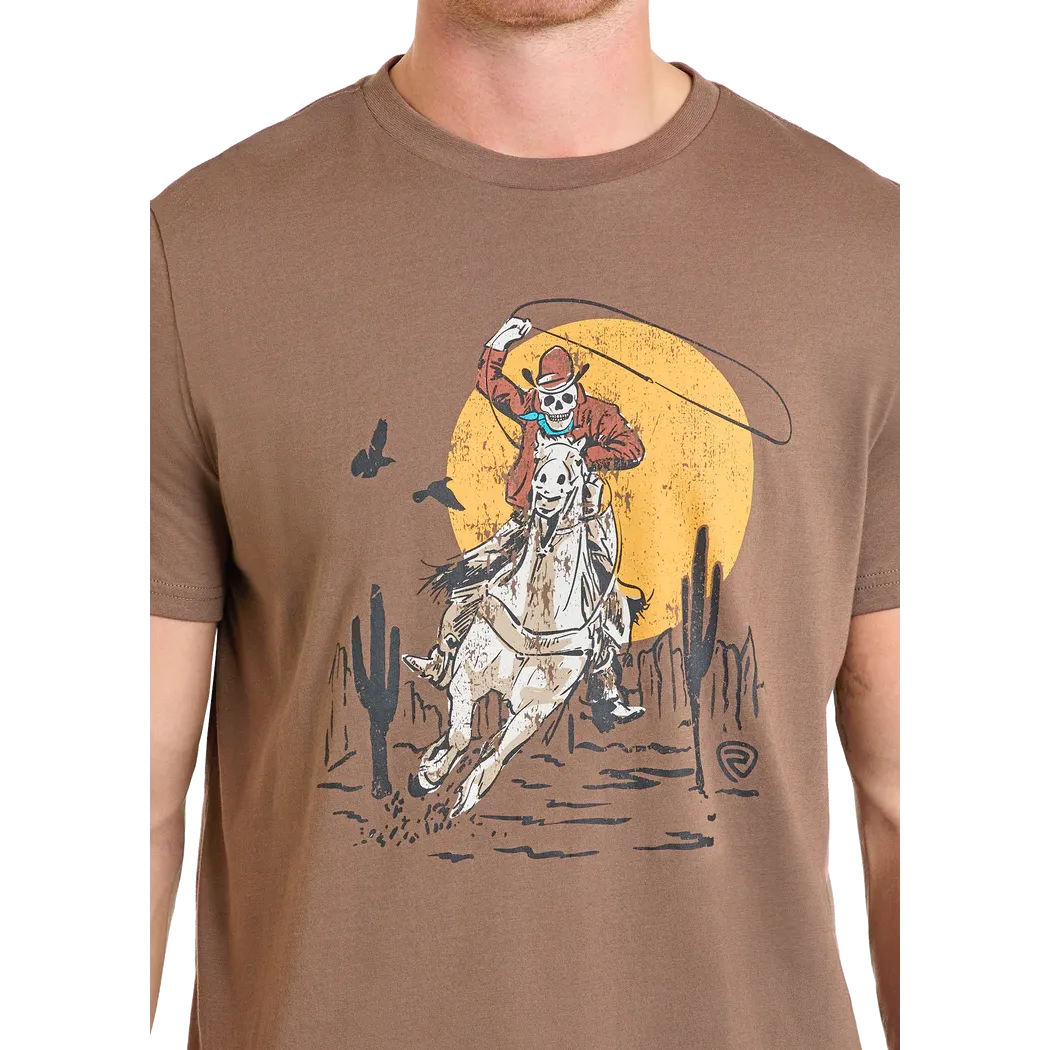 Rock & Roll Men's Skeleton Bronco Rider Graphic Short Sleeve Tee Shirt- Brown - Image 3