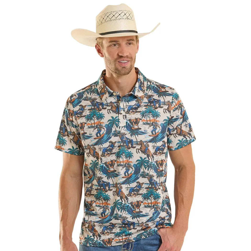 Rock & Roll Men's Surfing Cowboy Print Short Sleeve Polo Shirt - Multi Colour