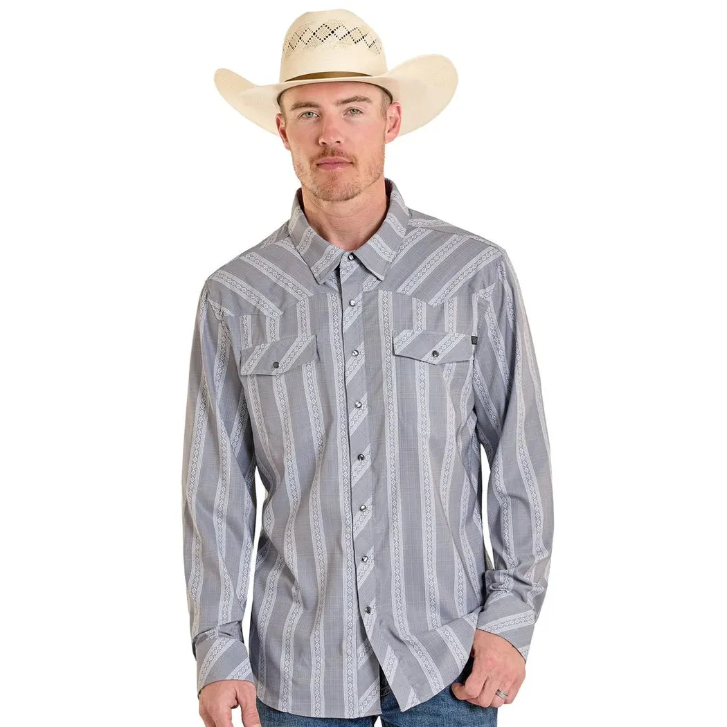 Rock & Roll Men's Tek Western Classic Dobby Stripe Long Sleeve Snap Shirt - Dark Grey