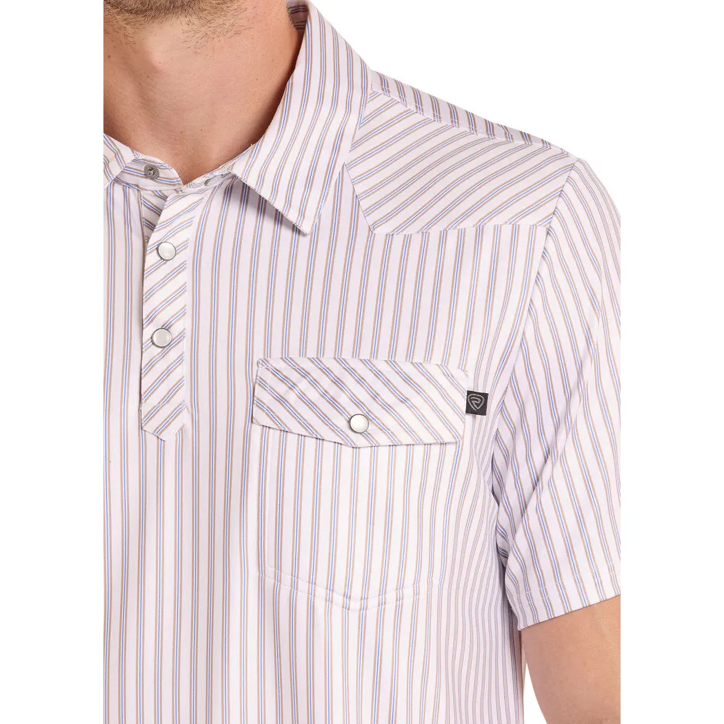 Rock & Roll Mens Western Pocket Short Sleeve Stripe Polo Shirt - White/Tan Stripe - Image 2