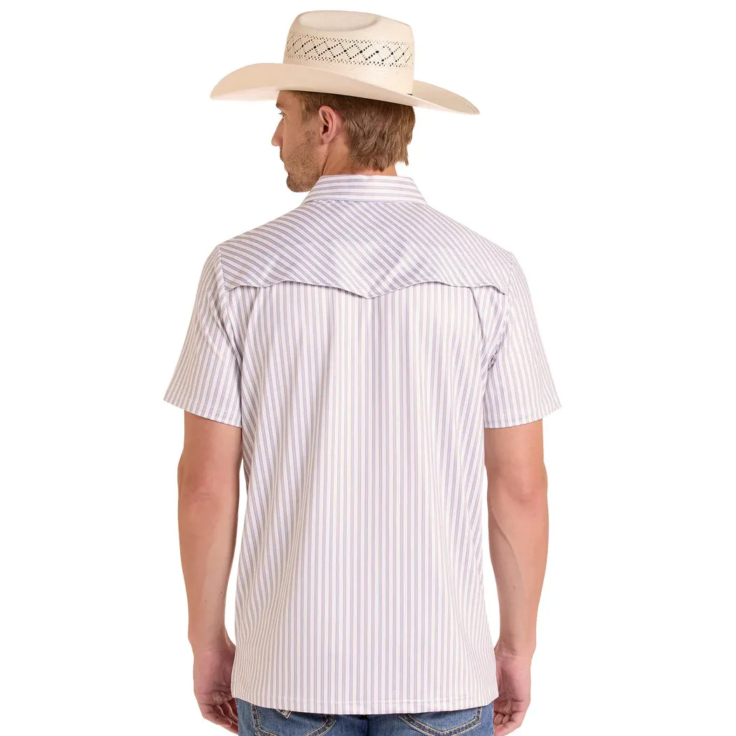 Rock & Roll Mens Western Pocket Short Sleeve Stripe Polo Shirt - White/Tan Stripe - Image 3