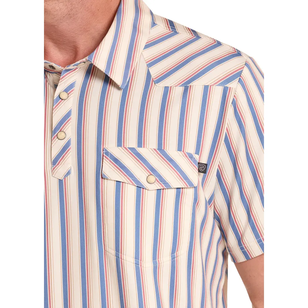 Rock & Roll Mens Western Stripe Short Sleeve Pocket Polo Shirt - White/Red - Image 3