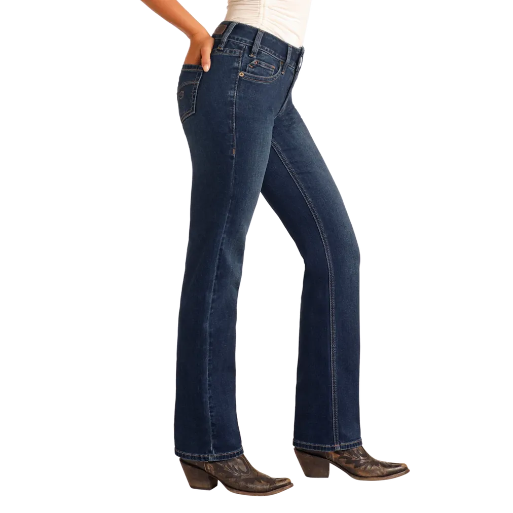 Rock & Roll Women's Arrow Embroidery Modest Bootcut Jeans- Dark Wash - Image 3
